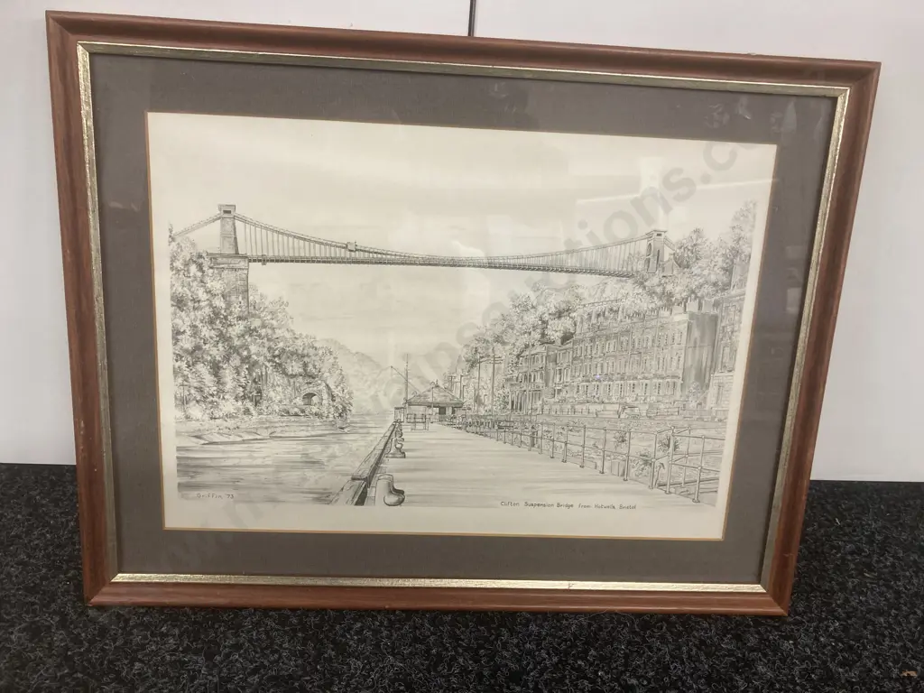 Framed Glazed Artwork 'Clifton Suspension Bridge from Hotwells, Bristol - Griffin '73, 33 x 43cm Image 1++