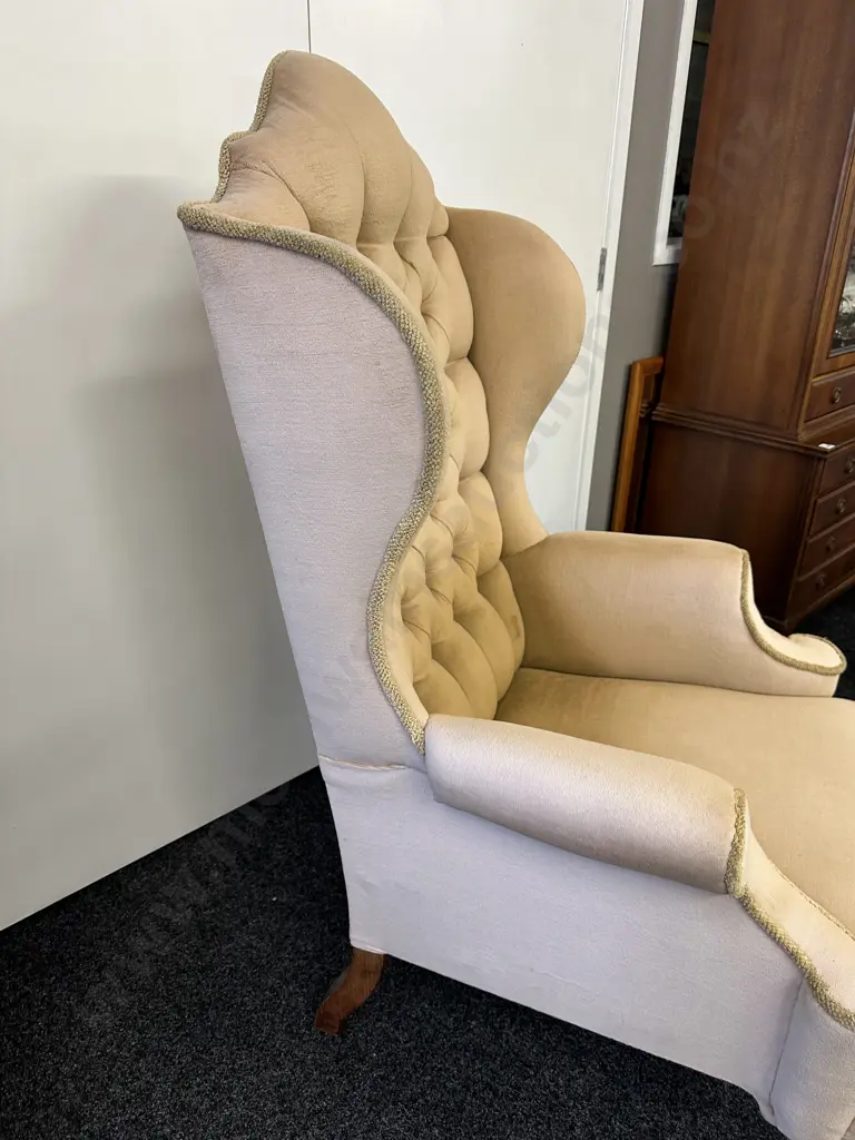 Mahogany Framed Wing Back Armed Chair Button Back H132cm, W80cm. Image 1++