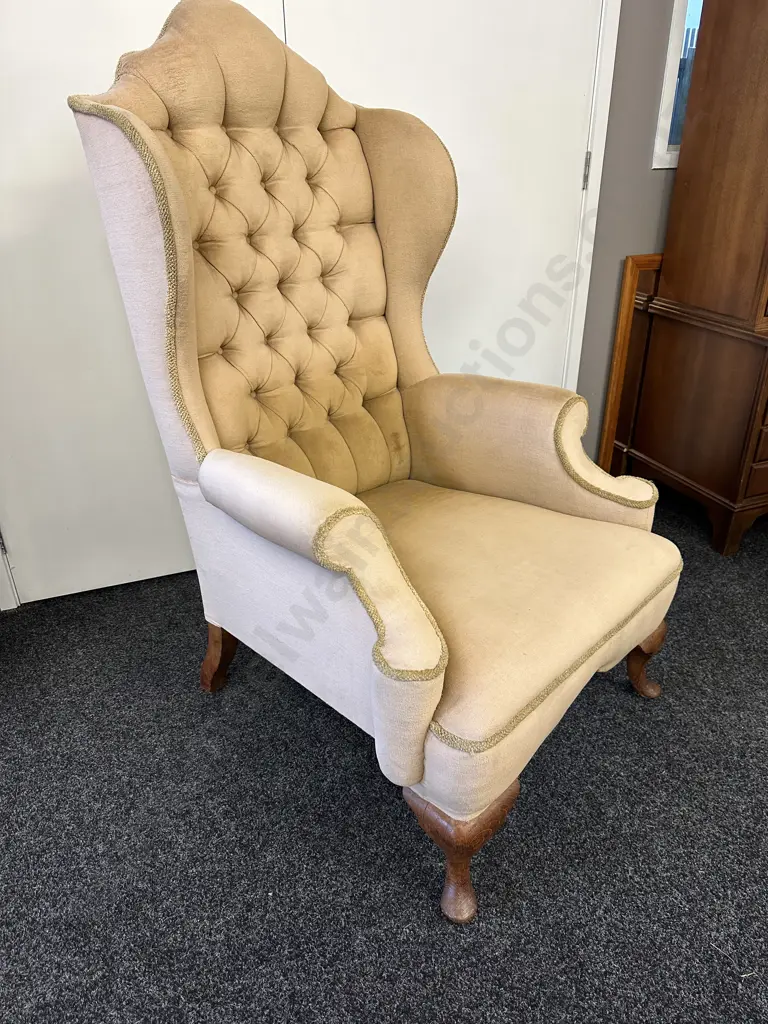 Mahogany Framed Wing Back Armed Chair Button Back H132cm, W80cm. Image 1++
