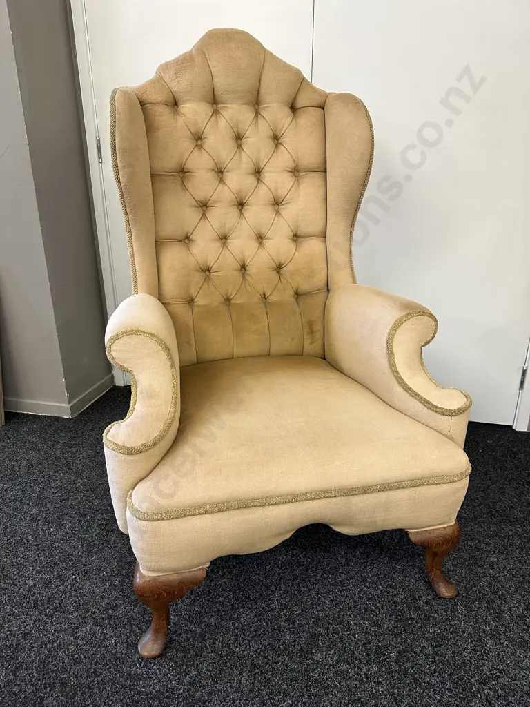Mahogany Framed Wing Back Armed Chair Button Back H132cm, W80cm. Image 1++