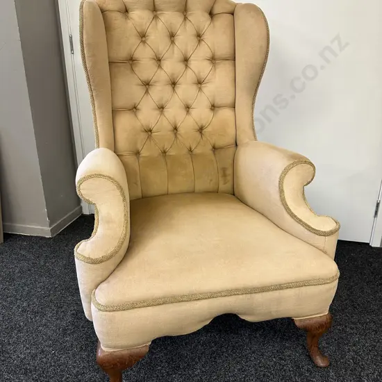 Mahogany Framed Wing Back Armed Chair Button Back H132cm, W80cm.