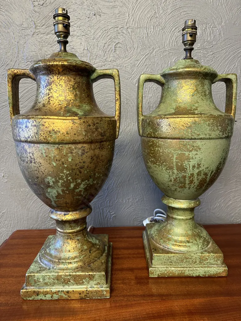 Pair of Ceramic Table Lamps Bases, Double Handled, Gilt Detail, H58cm Image 1++