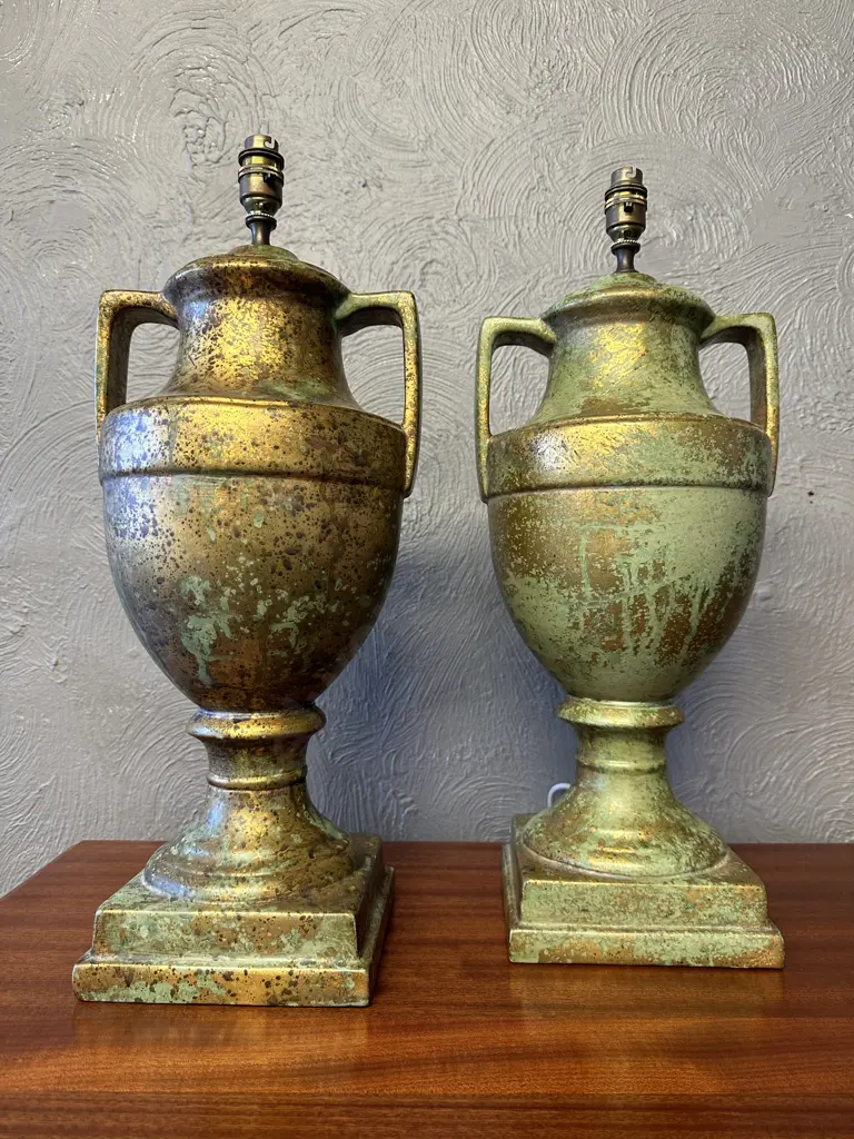 Pair of Ceramic Table Lamps Bases, Double Handled, Gilt Detail, H58cm Image 1++