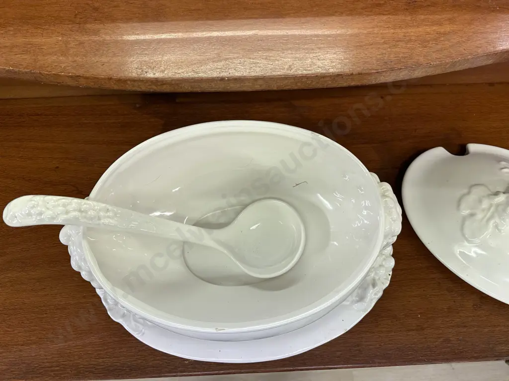 Large Vintage Italian Lidded Soup Tureen And Ladle, Grapes & Leaves Detail, White Ceramic, 26 x 42cm Image 1++