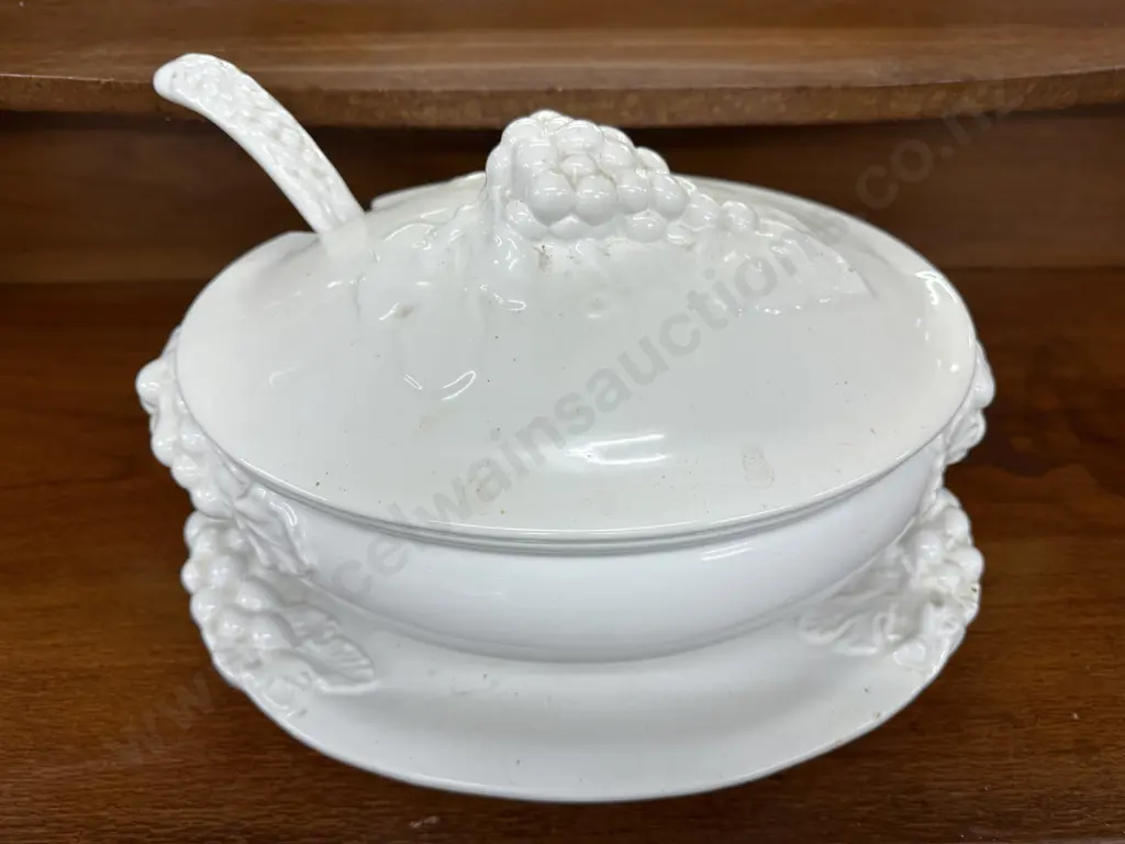 Large Vintage Italian Lidded Soup Tureen And Ladle, Grapes & Leaves Detail, White Ceramic, 26 x 42cm Image 1++