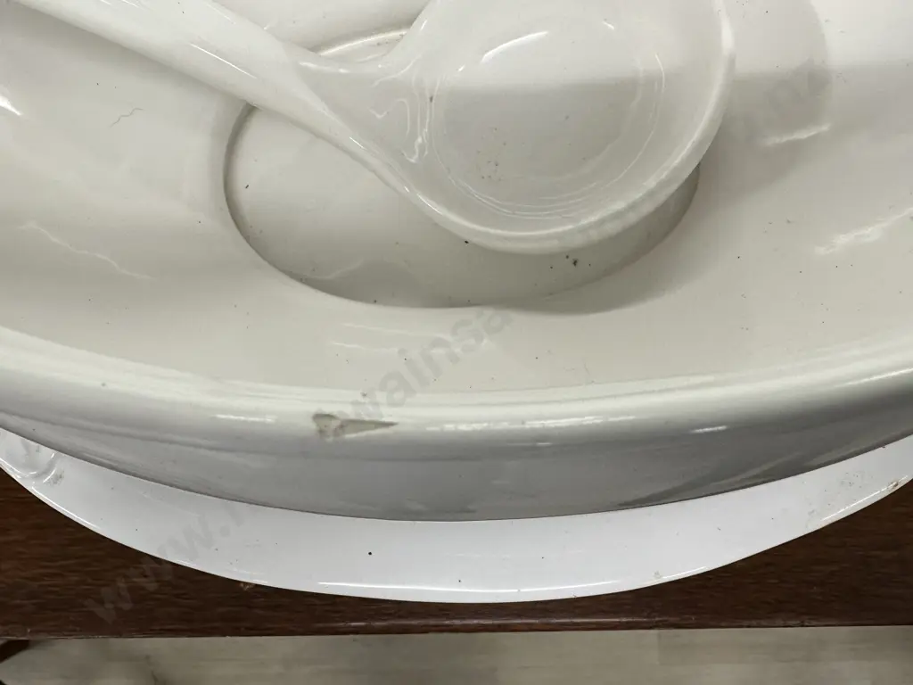 Large Vintage Italian Lidded Soup Tureen And Ladle, Grapes & Leaves Detail, White Ceramic, 26 x 42cm Image 1++