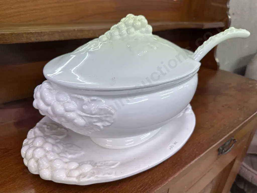 Large Vintage Italian Lidded Soup Tureen And Ladle, Grapes & Leaves Detail, White Ceramic, 26 x 42cm Image 1++