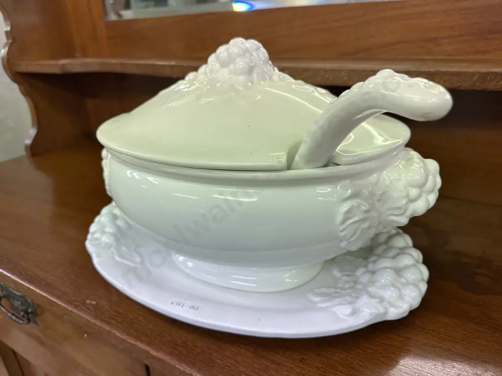 Large Vintage Italian Lidded Soup Tureen And Ladle, Grapes & Leaves Detail, White Ceramic, 26 x 42cm Image 1++