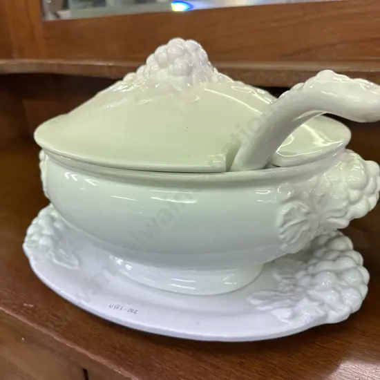 Large Vintage Italian Lidded Soup Tureen And Ladle, Grapes & Leaves Detail, White Ceramic, 26 x 42cm