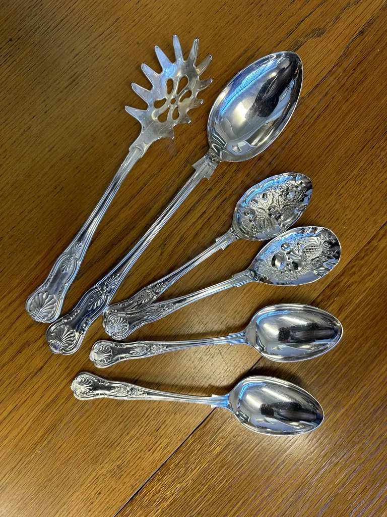 Selection of Cutlery Including Sheffield Dessert Spoons, Strainer, Silver Plated Repousse Berry Spoon, Large Spoon Etc Image 1++
