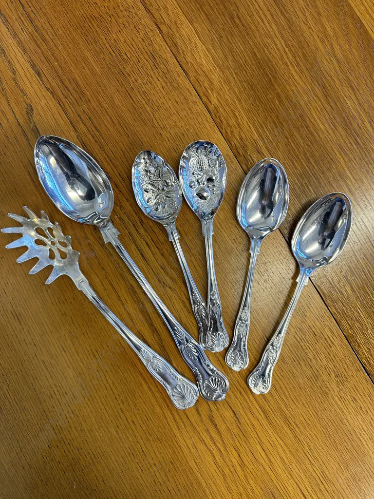 Selection of Cutlery Including Sheffield Dessert Spoons, Strainer, Silver Plated Repousse Berry Spoon, Large Spoon Etc Image 1++