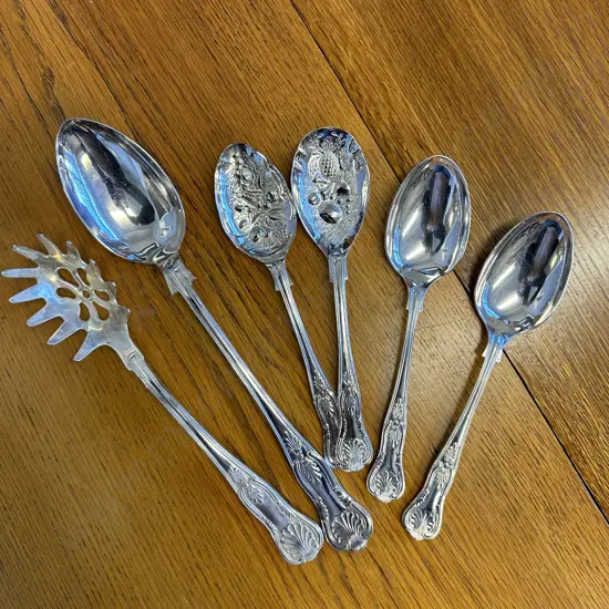 Selection of Cutlery Including Sheffield Dessert Spoons, Strainer, Silver Plated Repousse Berry Spoon, Large Spoon Etc