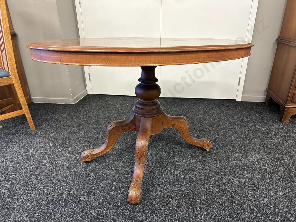 Antique Victorian Loo Table With Carving To Base, L118cm Image 1++