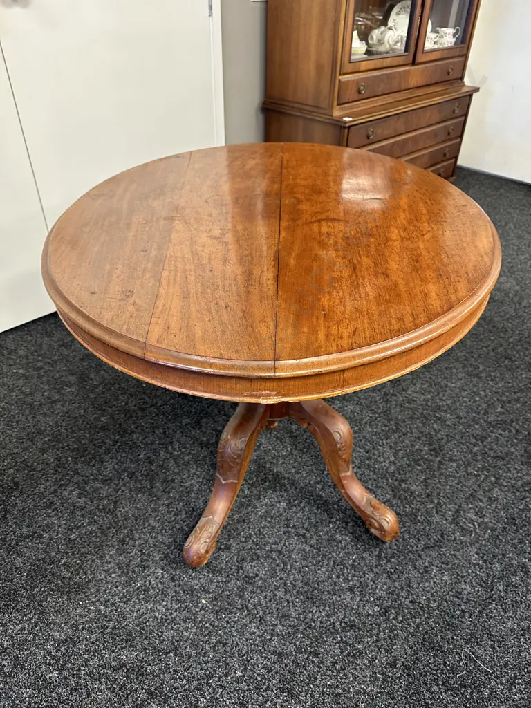 Antique Victorian Loo Table With Carving To Base, L118cm Image 1++