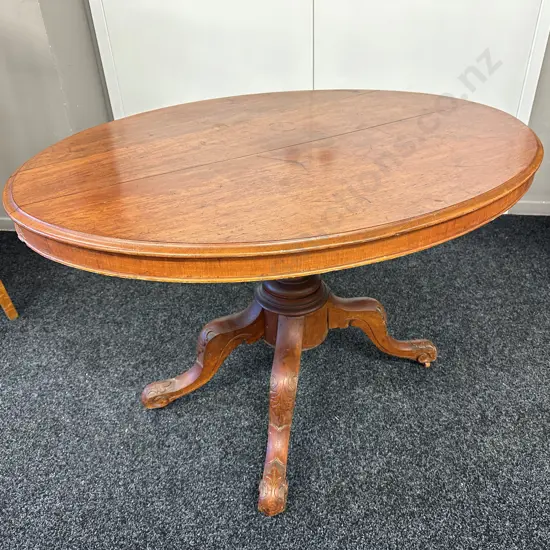 Antique Victorian Loo Table With Carving To Base, L118cm