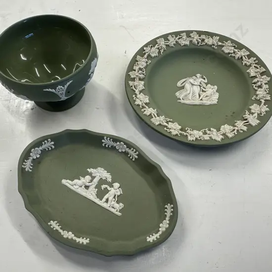 Vintage Wedgwood Jasperware Green Pin Dish & Footed Vase