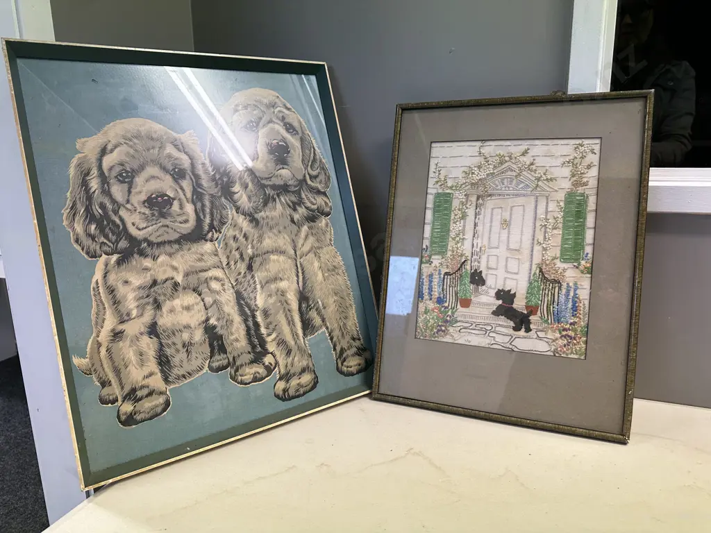 Vintage Framed Scotty Dog Embroidery & Spaniel Linen Artwork Image 1++