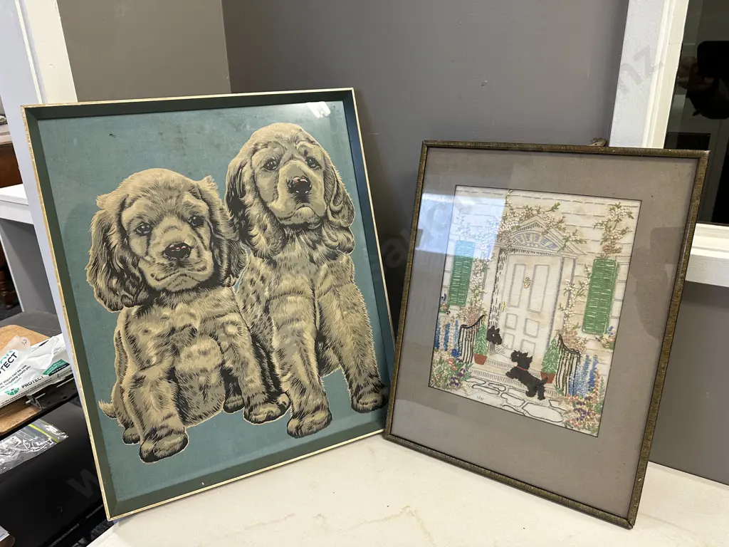 Vintage Framed Scotty Dog Embroidery & Spaniel Linen Artwork Image 1++