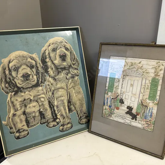 Vintage Framed Scotty Dog Embroidery & Spaniel Linen Artwork