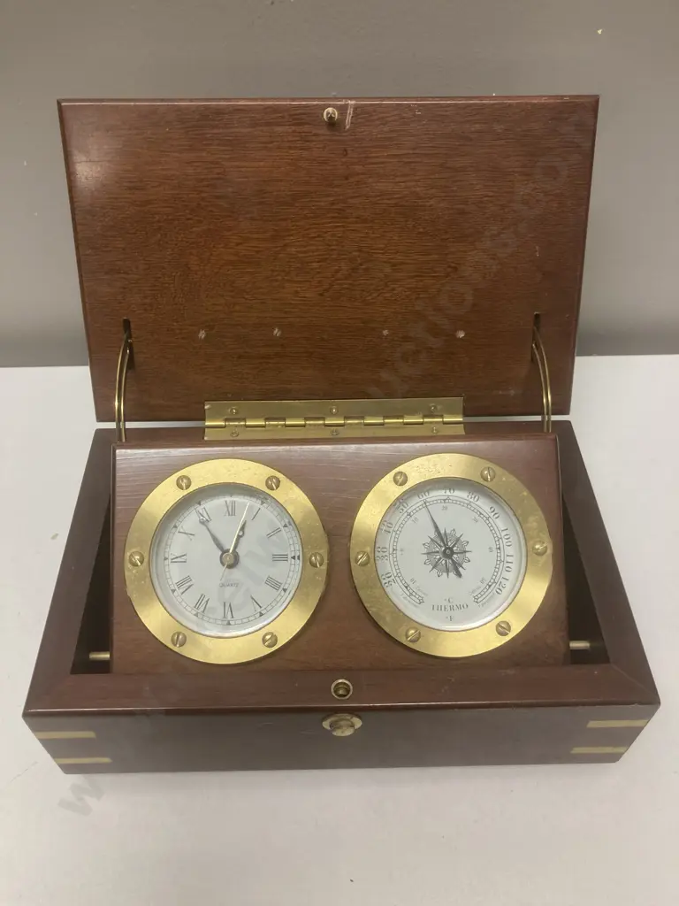 Montreux Clock & Thermometer Desk Set, Brass & Wood Case, H9 W24 D15cm Image 1++