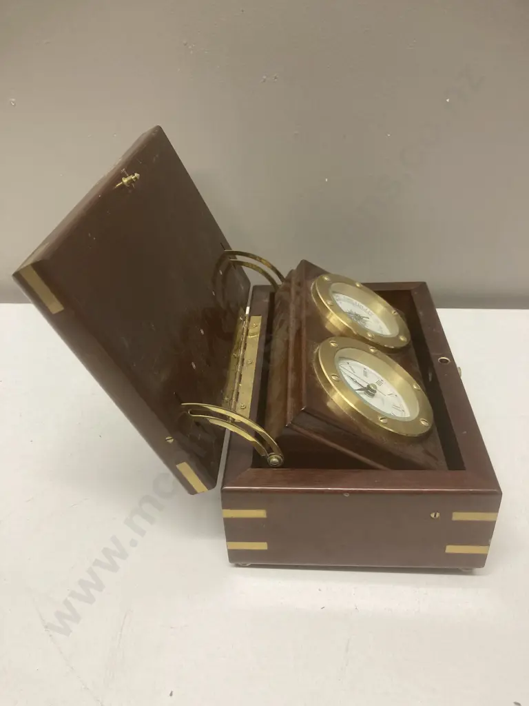 Montreux Clock & Thermometer Desk Set, Brass & Wood Case, H9 W24 D15cm Image 1++
