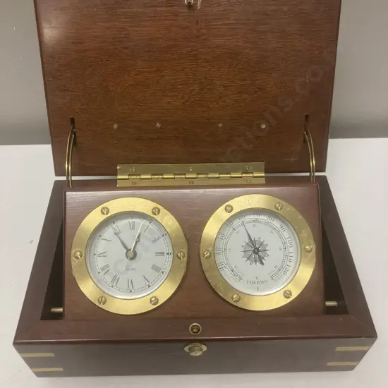 Montreux Clock & Thermometer Desk Set, Brass & Wood Case, H9 W24 D15cm