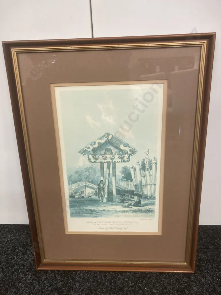 Framed Glazed Print Wakefields Adventures In NZ, Wata,or Provision House at Otumatua, Drawn By Chas Heaphy Esq,46 x 34cm Image 1++