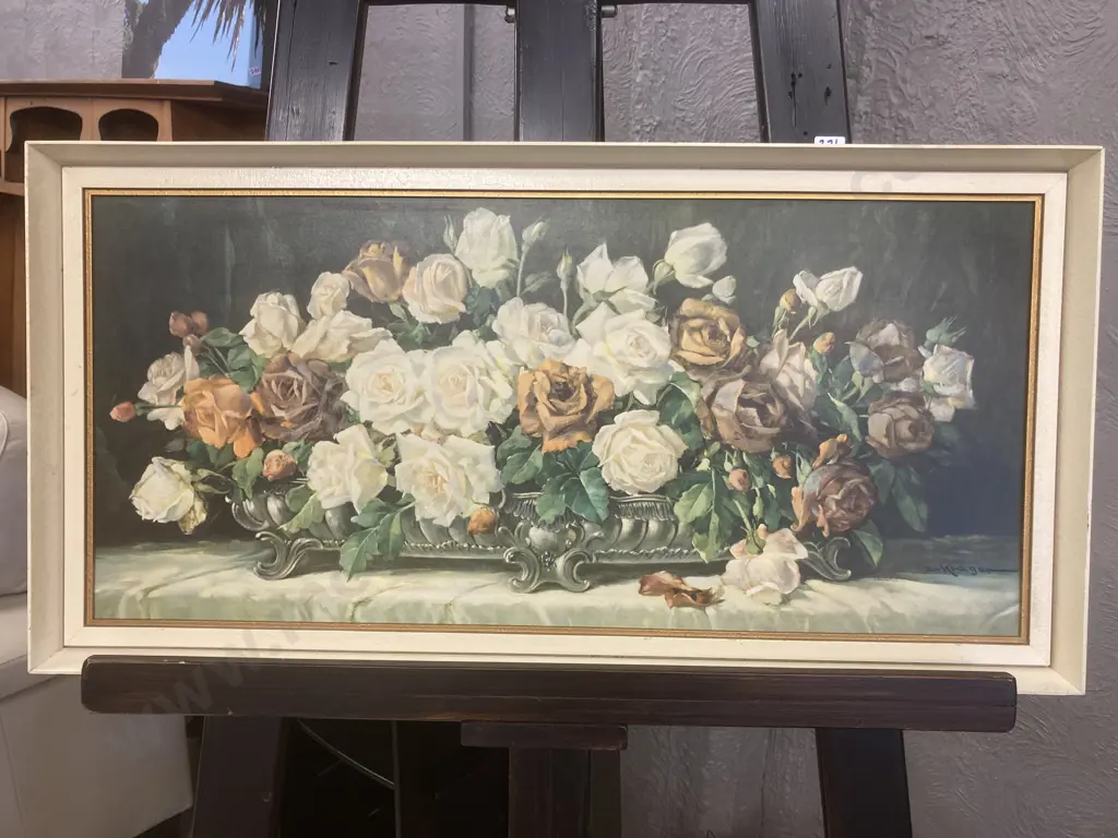 Vintage Still Life With Roses Erich Kruger Print In White Frame, 42 x 82cm Image 1++