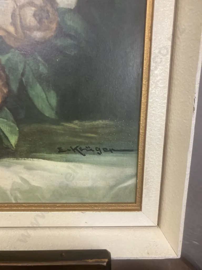 Vintage Still Life With Roses Erich Kruger Print In White Frame, 42 x 82cm Image 1++