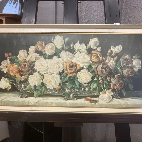 Vintage Still Life With Roses Erich Kruger Print In White Frame, 42 x 82cm