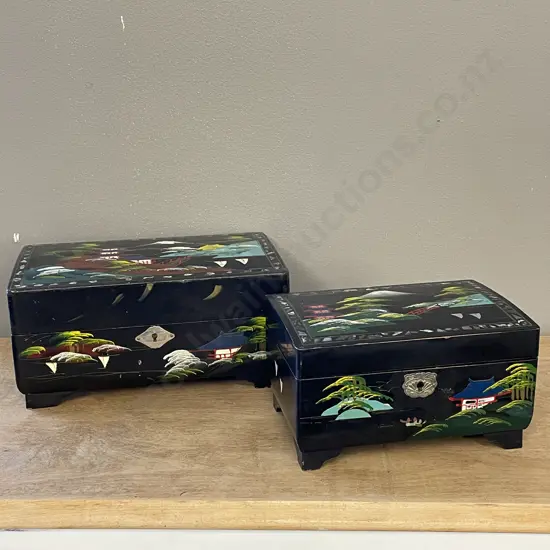 Two Vintage Handpainted Japanese themed Black Lacquered Musical Jewellery Boxes