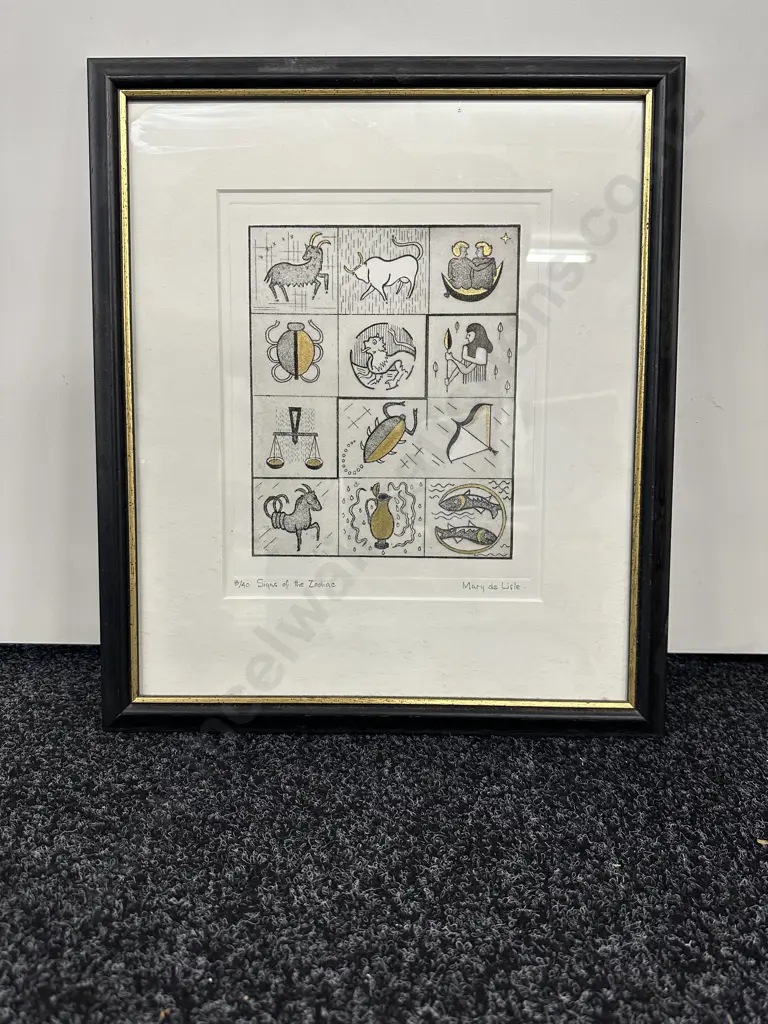 Limited Edition Lithograph 8/40 Titled 'Signs Of The Zodiac' Signed Mary de Lisle, 43cm x 38cm. Image 1++