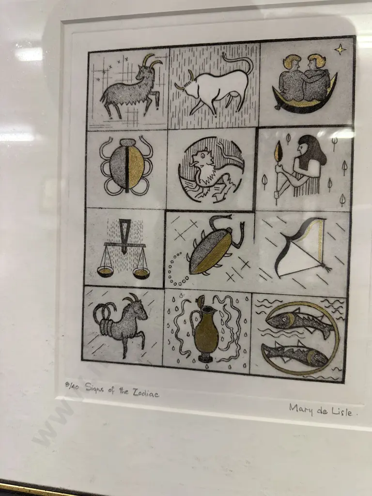 Limited Edition Lithograph 8/40 Titled 'Signs Of The Zodiac' Signed Mary de Lisle, 43cm x 38cm. Image 1++