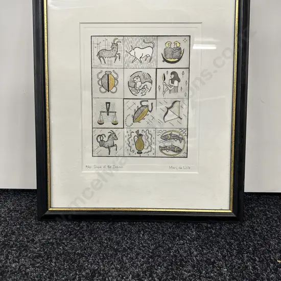 Limited Edition Lithograph 8/40 Titled 'Signs Of The Zodiac' Signed Mary de Lisle, 43cm x 38cm.