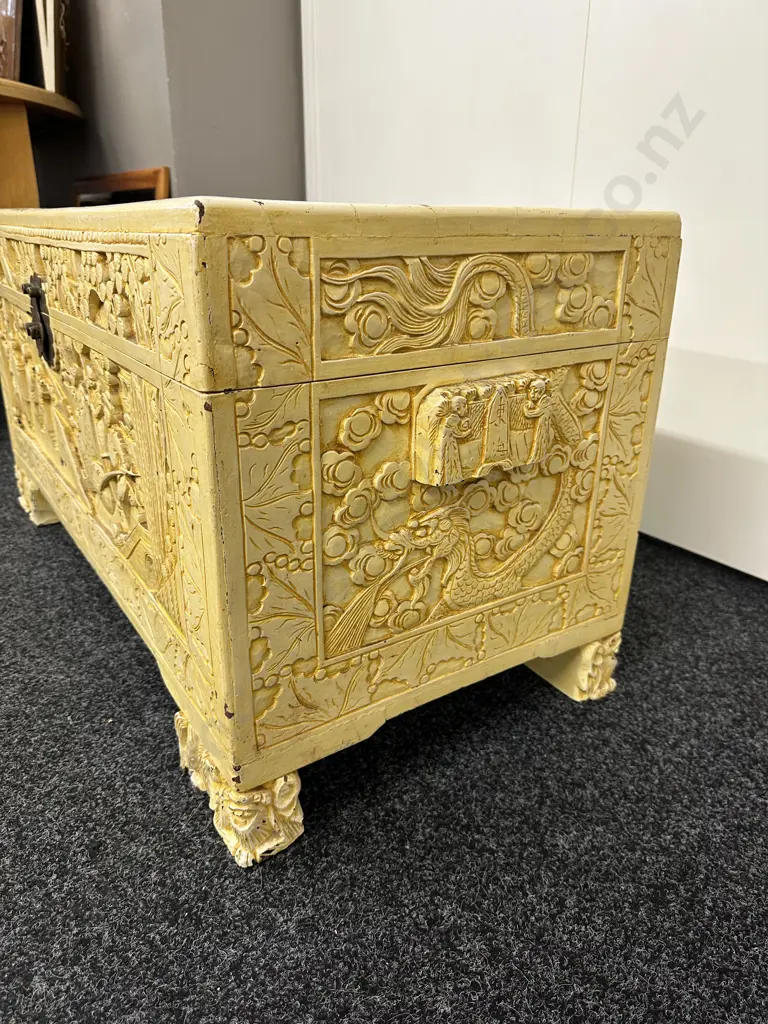 Chinese Profusely Carved Camphorwood Chest On Guardian Lions Feet, Inner Trays, Brass Back Plate & Latch, H48 W94 D45cm Image 1++