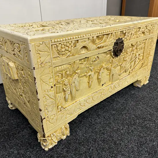 Chinese Profusely Carved Camphorwood Chest On Guardian Lions Feet, Inner Trays, Brass Back Plate & Latch, H48 W94 D45cm