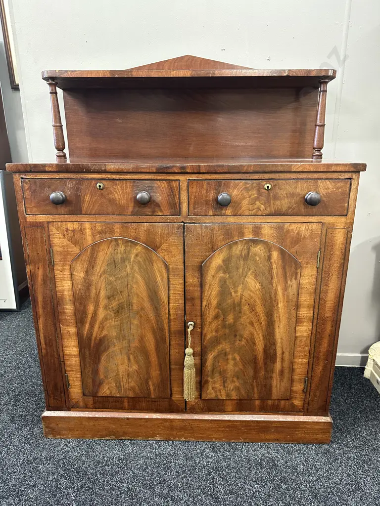 Stunning Mahogany Chiffonier Mottled Detailed Panels Two Drawer, Two Door, Single Shelf. H130cm,.W100cm, D44cm. Image 1++