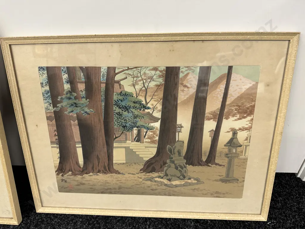 Pair Of Vintage Framed Glazed Japanese Artworks 'Temple'  Image 1++