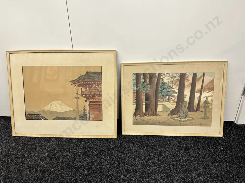 Pair Of Vintage Framed Glazed Japanese Artworks 'Temple'  Image 1++