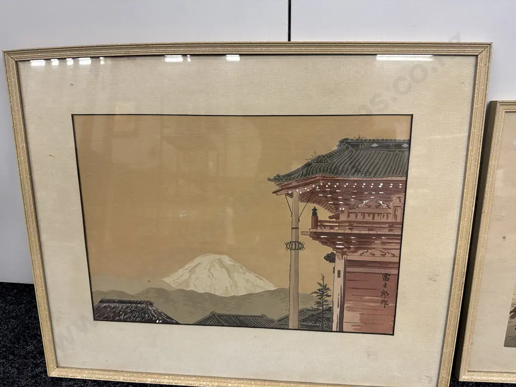 Pair Of Vintage Framed Glazed Japanese Artworks 'Temple'  Image 1++