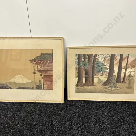 Pair Of Vintage Framed Glazed Japanese Artworks 'Temple' 