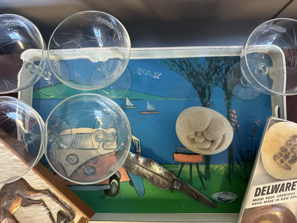 Retro VW Serving Tray, Small Plates, Figurine, Assorted Stemmed Crystal Glasses, Snail On Leaf And Copper Artwork Image 1++