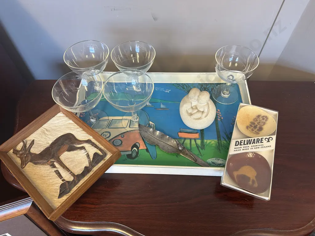 Retro VW Serving Tray, Small Plates, Figurine, Assorted Stemmed Crystal Glasses, Snail On Leaf And Copper Artwork Image 1++
