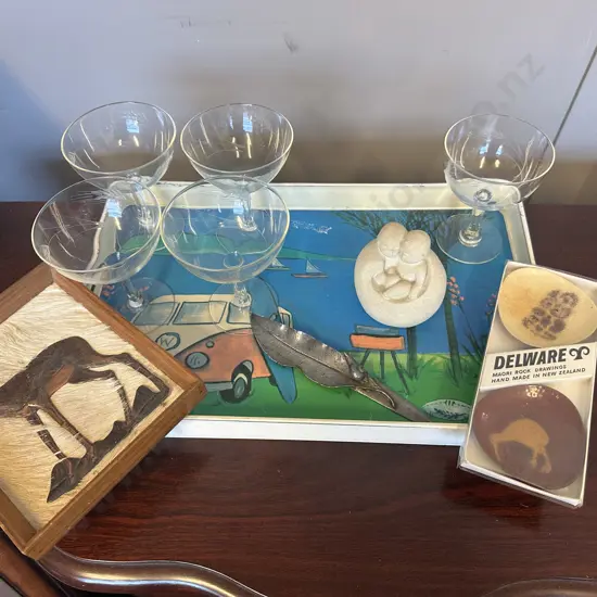 Retro VW Serving Tray, Small Plates, Figurine, Assorted Stemmed Crystal Glasses, Snail On Leaf And Copper Artwork