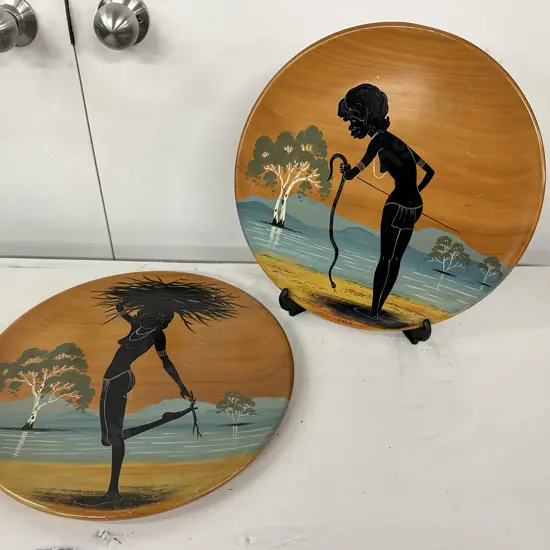 Handpainted Australia Wooden Wall Plaques x 2, Signed, Dia35cm