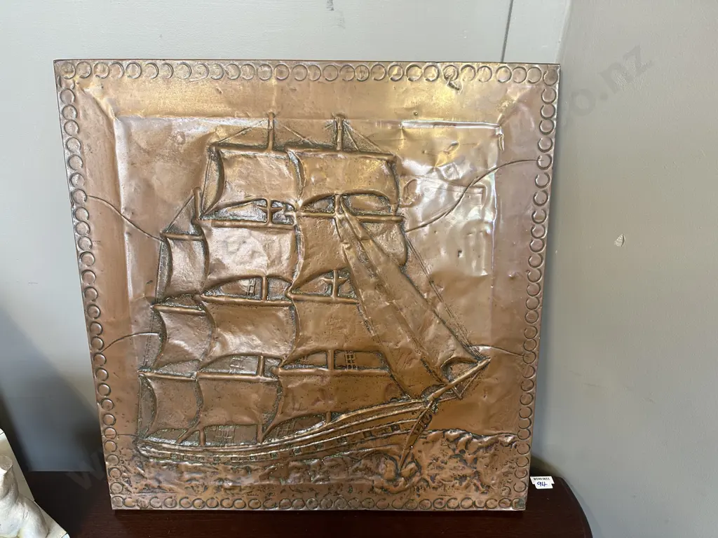 Vintage Copper Repousse Wall Art With Sailing Ship Scene 56cm x 56cm. Image 1++