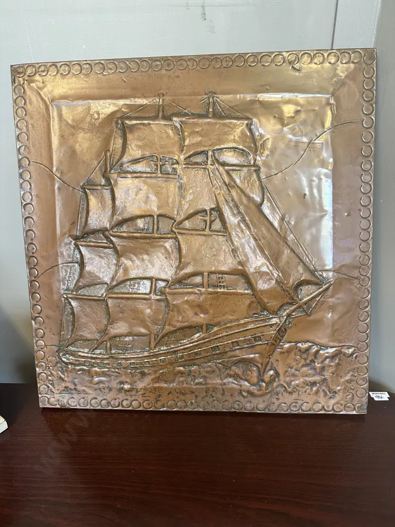Vintage Copper Repousse Wall Art With Sailing Ship Scene 56cm x 56cm. Image 1++