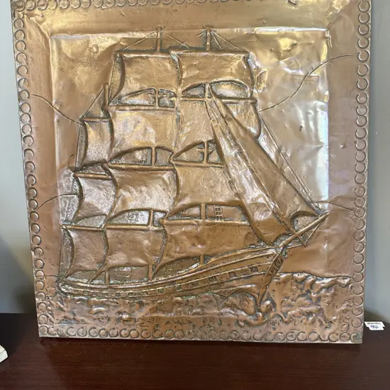Vintage Copper Repousse Wall Art With Sailing Ship Scene 56cm x 56cm.