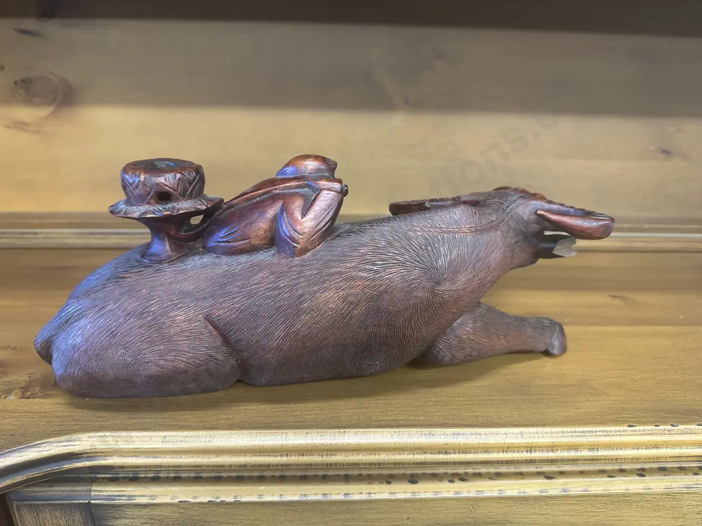 Pair of Vintage Chinese Carved Wooden Buffalo Candle Holder, L38cm (As Found) Image 1++