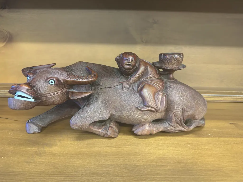 Pair of Vintage Chinese Carved Wooden Buffalo Candle Holder, L38cm (As Found) Image 1++